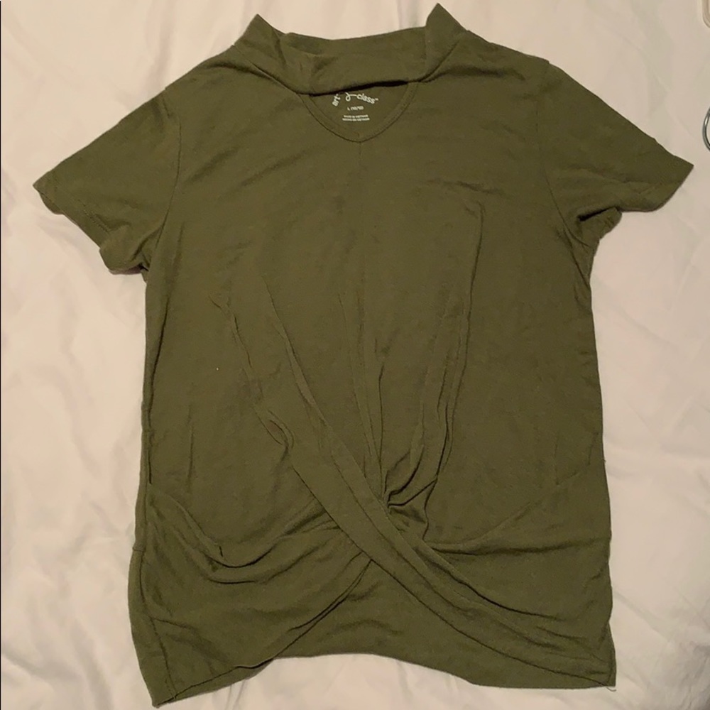 olive green shirt with a knot in the front